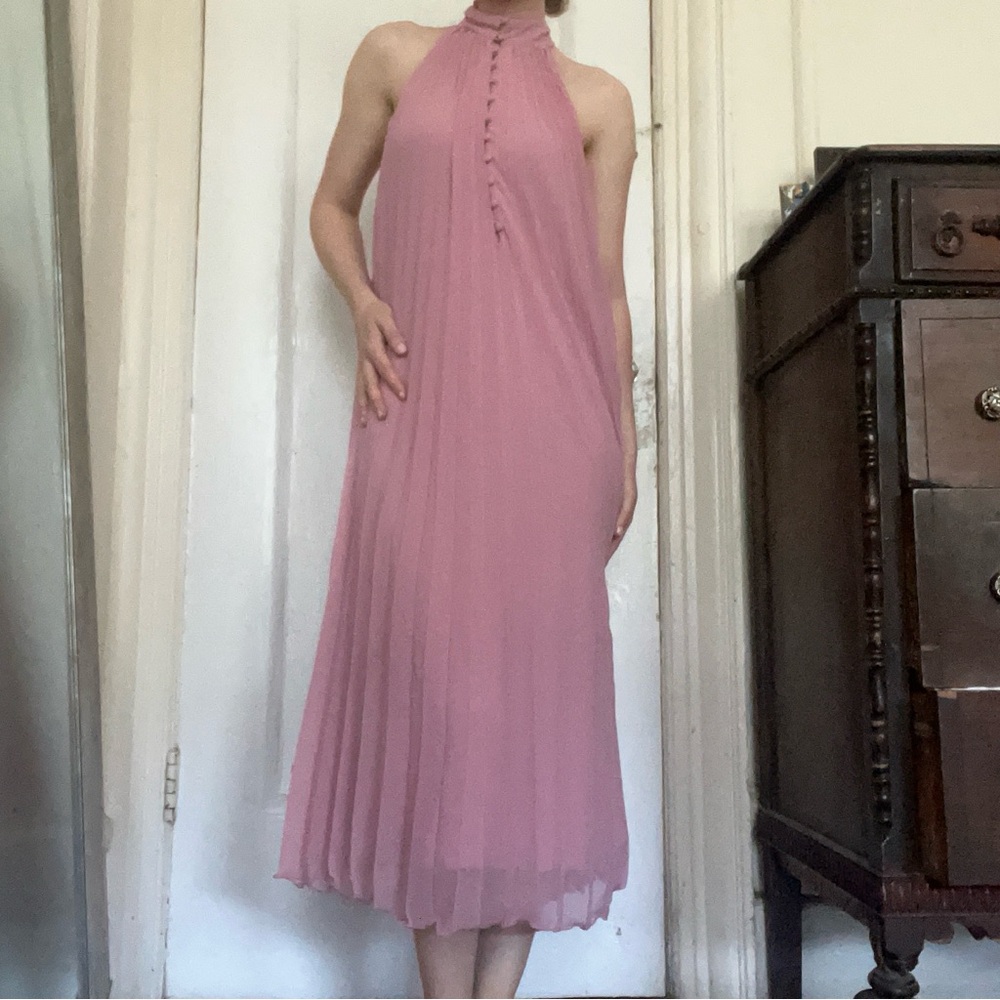 Sleeveless Halter Pleated Midi Dress - Rose Pink